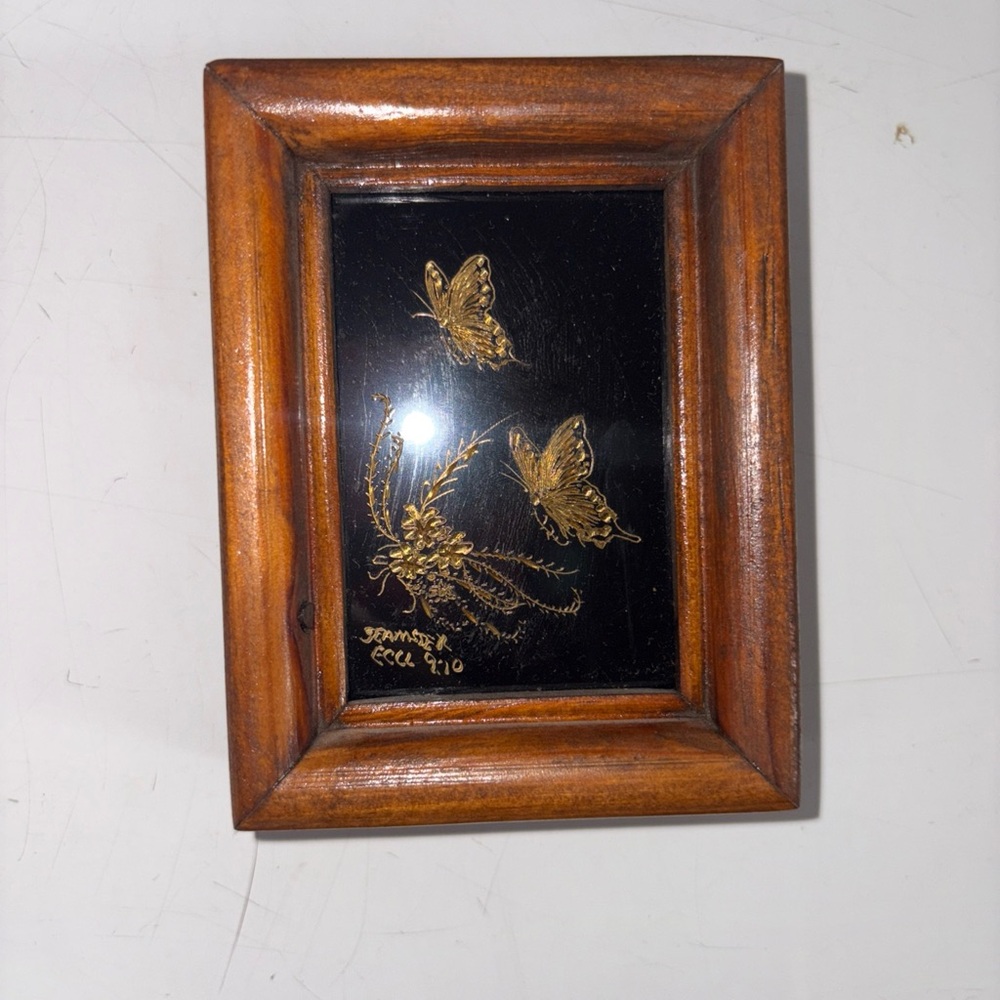 VTG Brass Butterfly Etching in Solid Wood Frame